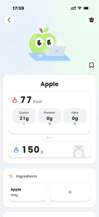 NutriOn food detail screen showing editable calorie and macro information
