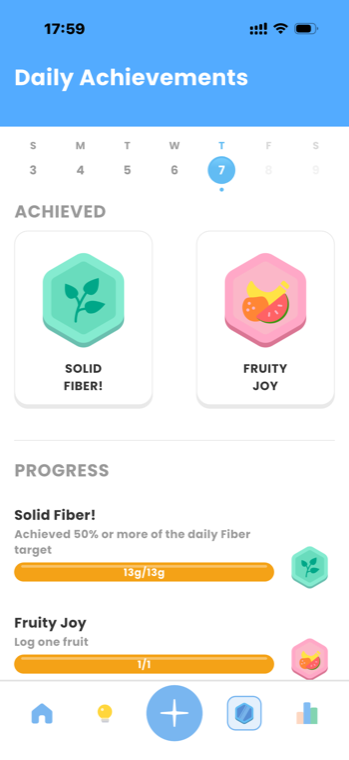 NutriOn daily achievements and progress screen